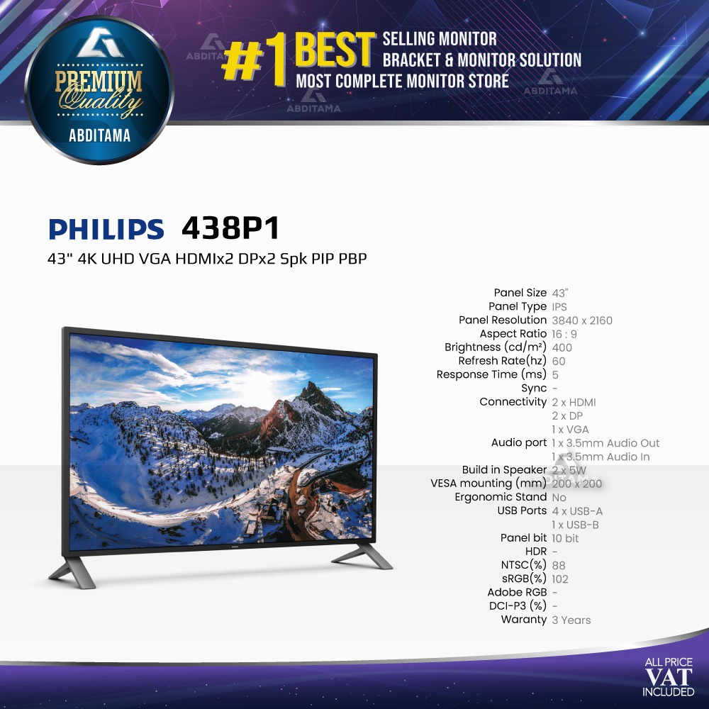Jual Monitor LED Philips 438P1 43" 4K UHD VGA HDMIx2 DPx2 Speaker PIP