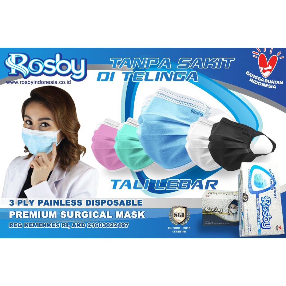 Jual Rosby Masker Medis 3ply Painless Masker Tali Lebar Isi 50 Pcs ...