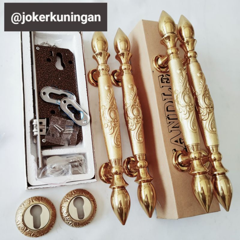 PROMO Handle pintu rumah Gagang pintu rumah motif sawo ukir gold 36cm paket komplit