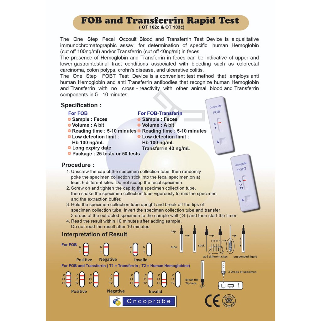 Jual ONCOPROBE Tes Darah Samar di Feses Fecal Occult Blood and Transferrin Test Kit Skrining