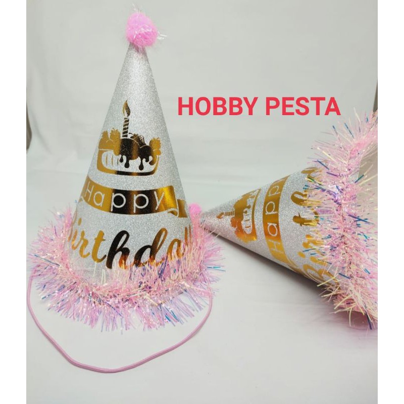 Jual TOPI ULANG TAHUN KERUCUT MOTIF HBD CAKE LILIN RUMBAI PINK 16