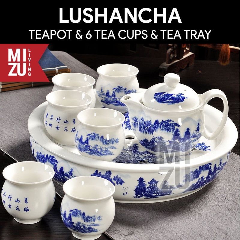 MIZU LUSHANCHA 9in1 Double Wall Jingdezhen Ceramic Chinese Tea Set With  Tray Teko Cangkir