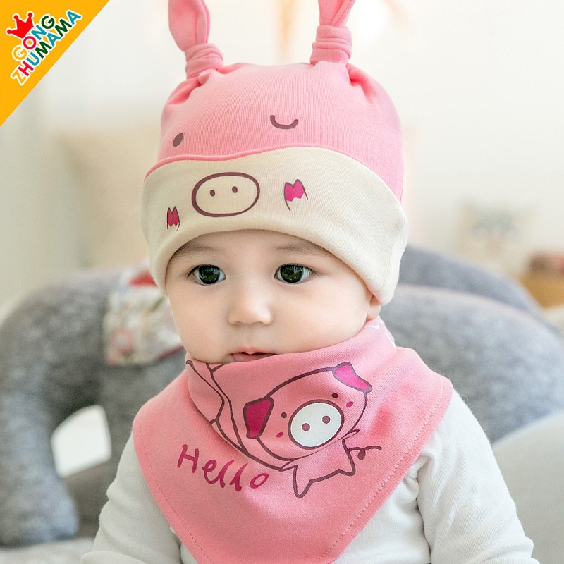 Jual Topi Bayi Unisex Topi pola kartun binatang lucu Set Bib Segitiga ...