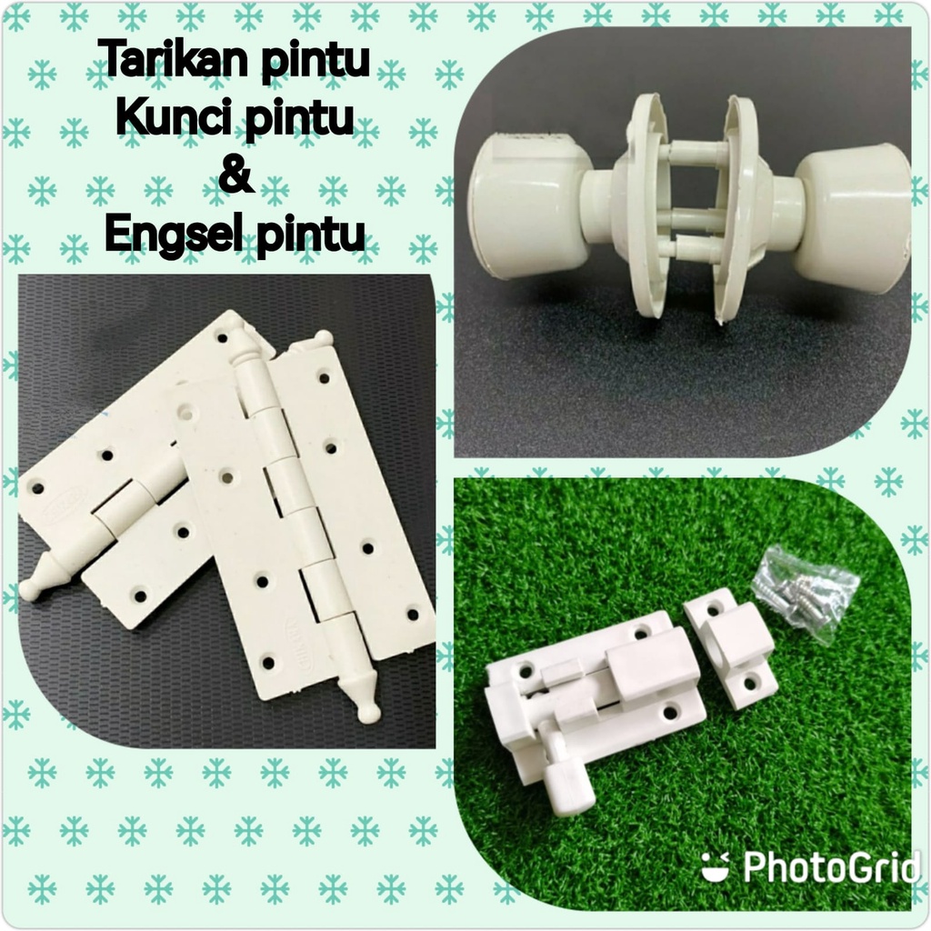 paket 3in1 engsel pintu/grendel pintu PVC/pegangan pintu