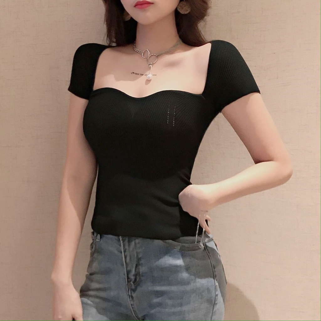 Jual Newlan Zz Sexy Top French Sexy Knitted Short Sleeve Crop Top Shopee Indonesia