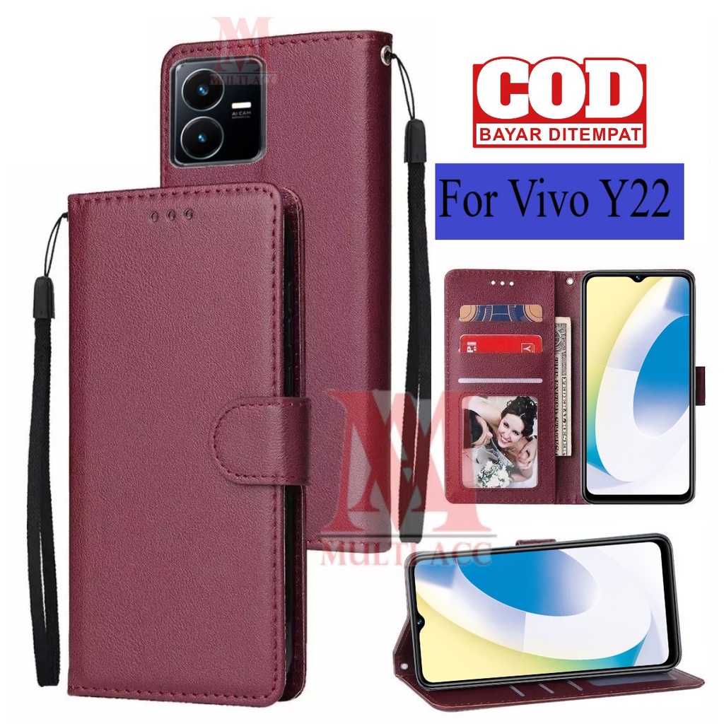 VIVO Y22 Leather Flip Cover Wallet Case Kulit Casing Dompet Case Wallet  Leather Flip Case VIVO Y22