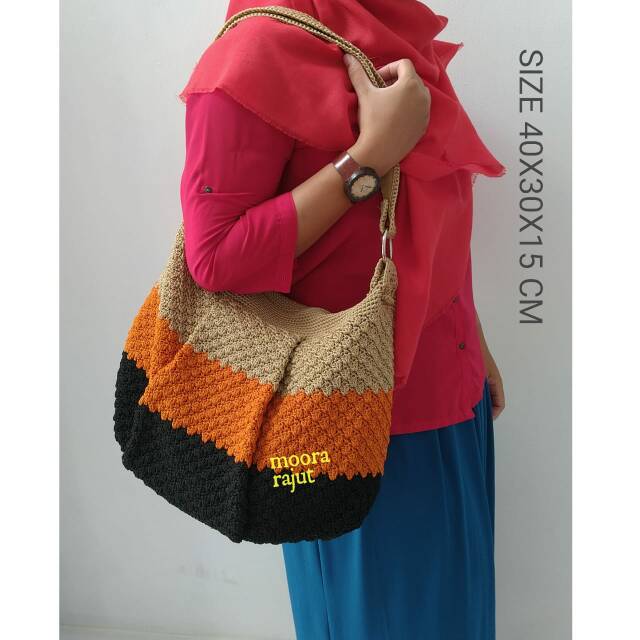 Jual Tas rajut nilon HOBO BESAR FULL RAJUT GRADASI ORENS CREAM | Shopee