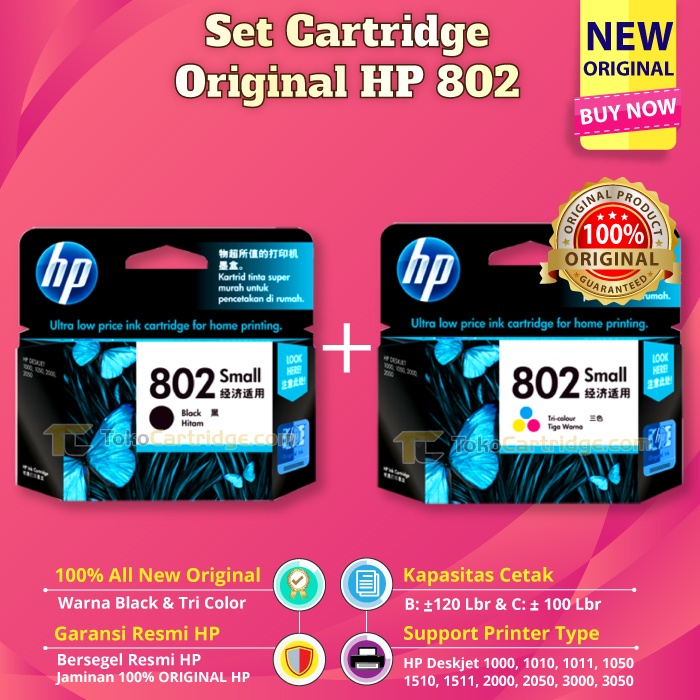 Jual Set Cartridge Hp 802 Black Color Tinta Printer Deskjet 1000 2000 3000 1050 1510 2050 3050