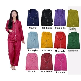 JNV Piyama PP Wanita Motif Satin Embos Baju Tidur Lengan Panjang Bahan Satin Embos