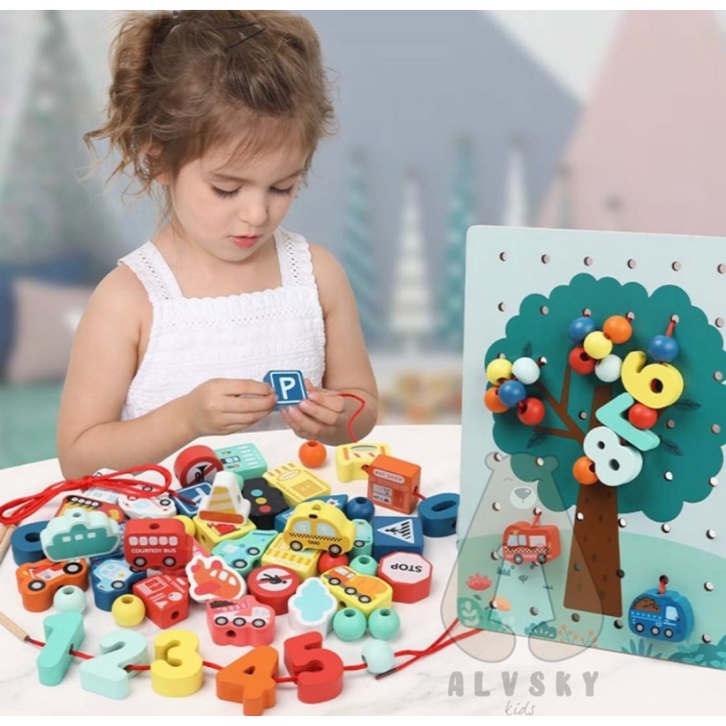 Jual MAINAN EDUKATIF KREATIFITAS ANAK MERONCE / WOODEN LACING BEADS TOY ...