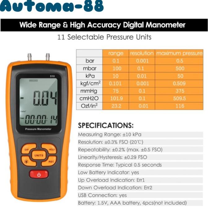 Jual Digital Differential Pressure Gauge Vacuum Manometer Calibrator Gm ...