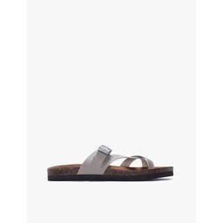Sandales bi-matières taupe et talon effet bois