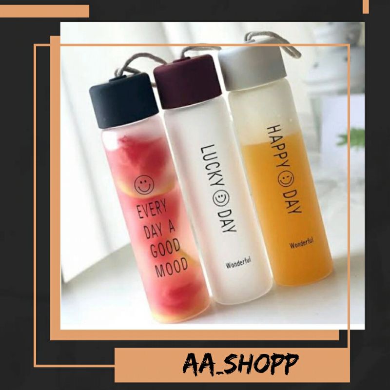 Jual BOTOL KACA LUCKY DAY/BOTOL MINUM HAPPY SMILE | Shopee Indonesia