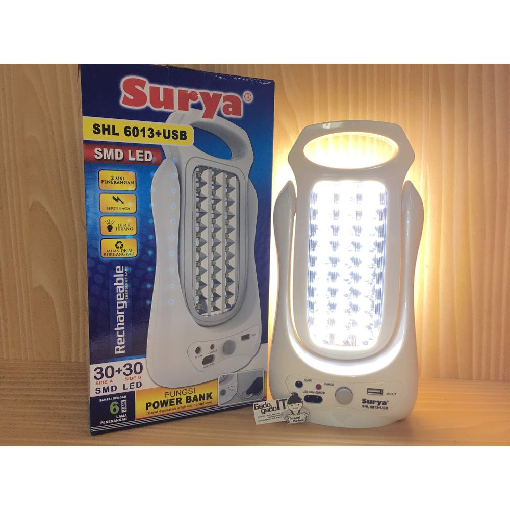Jual Lampu Cas LED Emergency 2 Sisi Surya SHL 6013 Ada USB bisa