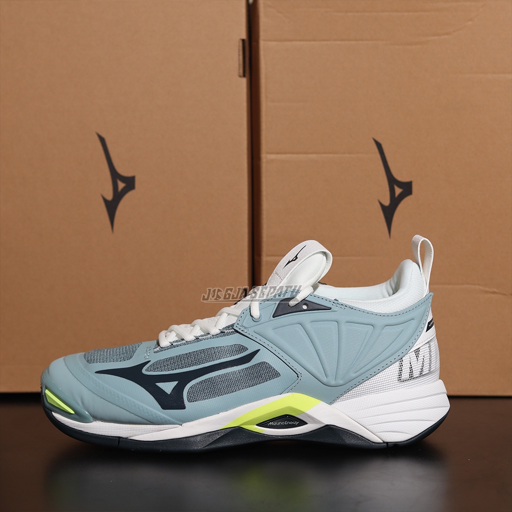 Sepatu Voli Mizuno Wave Momentum Stone Blue/Stratified Sea/Neo Lime