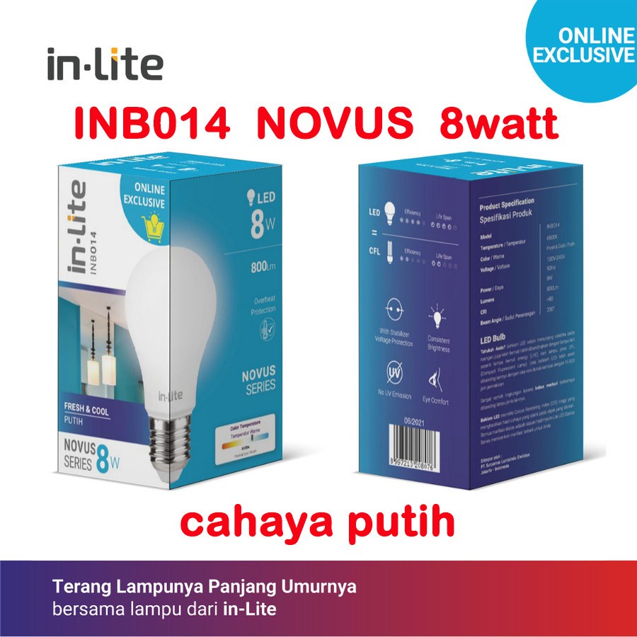Jual lampu led bulb novus in-lite 8w cahaya PUTIH Series INB014 inlite ...