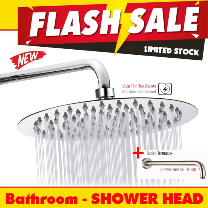 Jual Mandi Shower Kepala Head Shower Tanam Super Tipis 20 Cm Arm 40