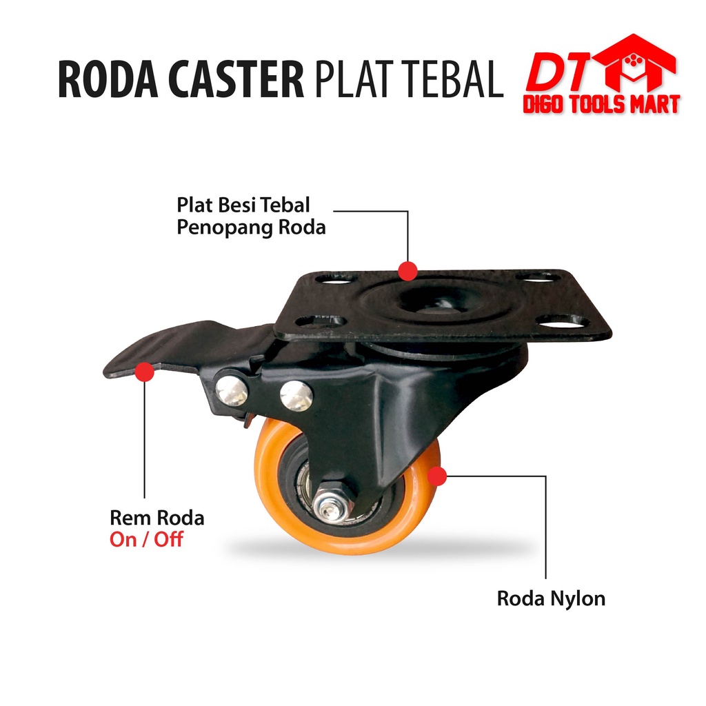 Jual Roda Caster Plat Tebal Hidup 2 Inci Plus Rem Roda Nylon Kunci ...