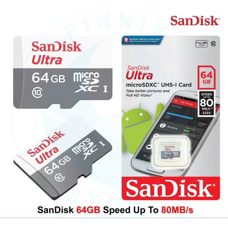 Jual MICRO SD CARD 64GB 80 MB/SANDISK ULTRA SDSC UHS1 CLASS 10