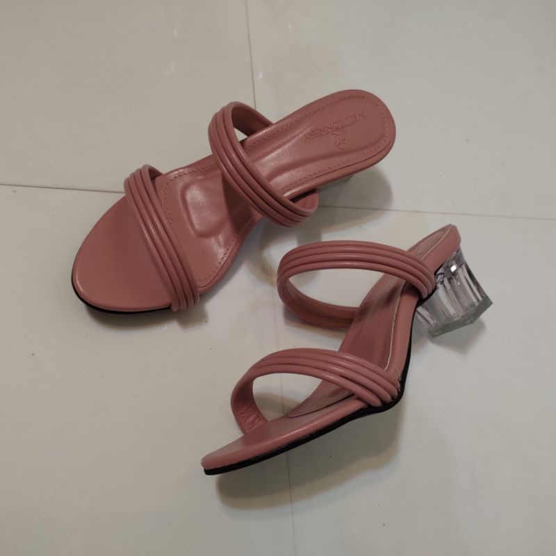 Mechtytra Sandals with SOFT TUBULAR STRAPS Heels Kaca Ban dua Zissa  Sandal Chunky Hak Tahu 5cm Tumit Petak HEELS WANITA grosir sepatu termurah 