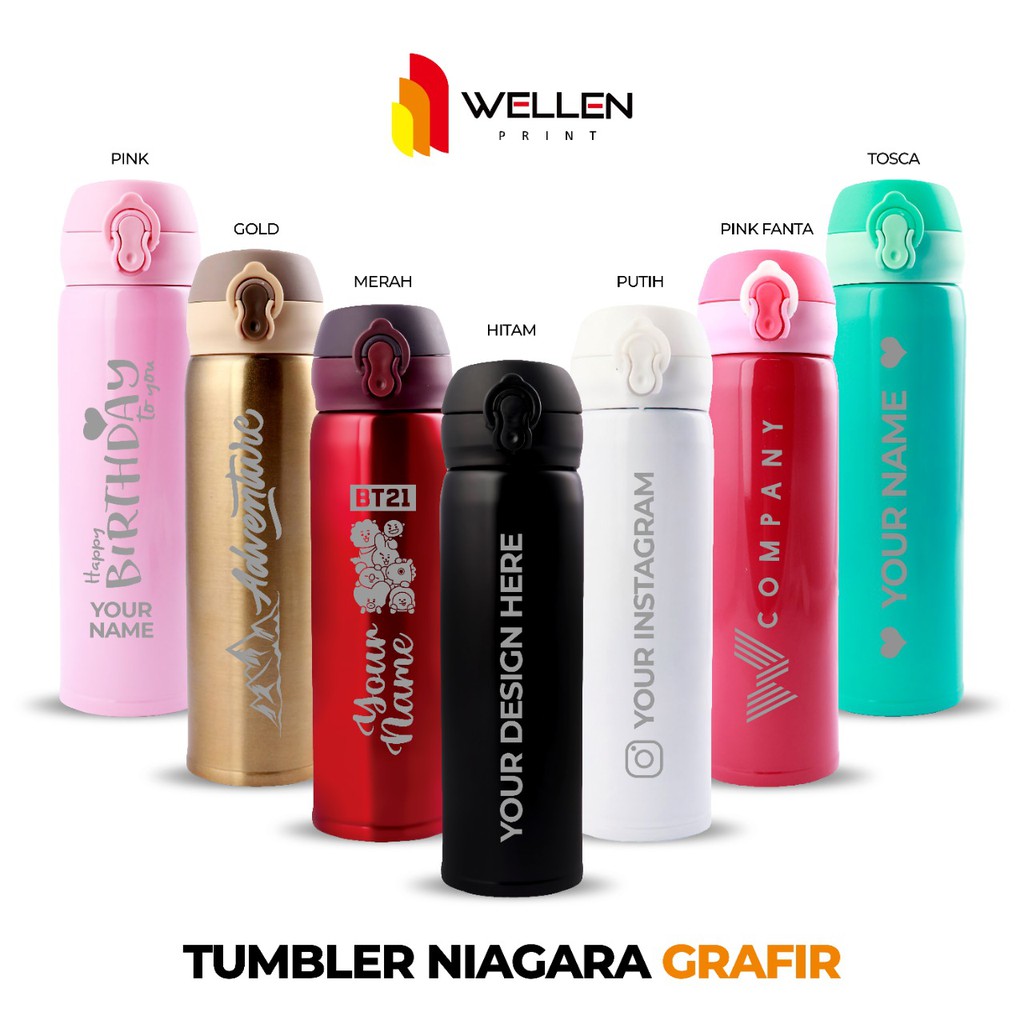 Jual Wellen Print Tumbler Niagara Grafir Custom Hampers Termos Botol Minum Nama Logo Tulisan 2249