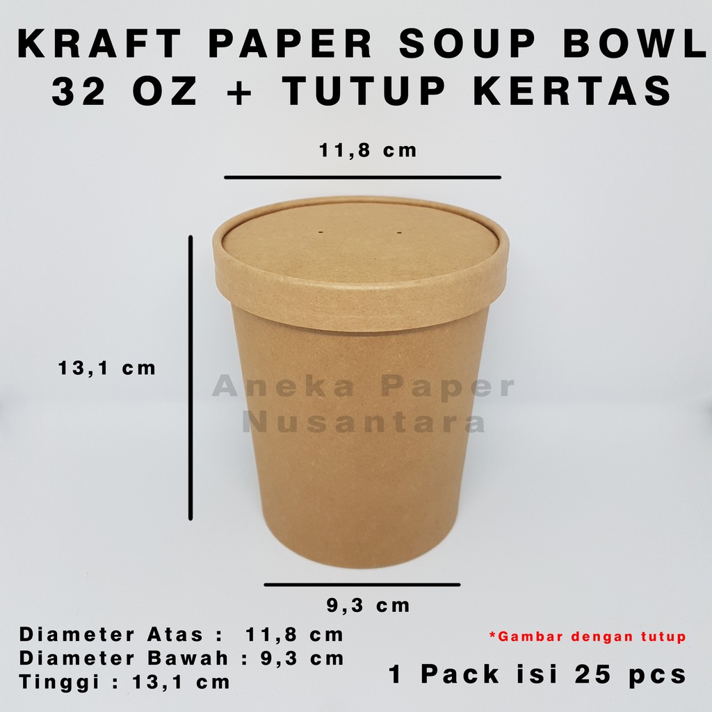 Jual Paper Bowl + Lid Kraft Paper Food Grade - 32 Oz (isi 25 buah ...