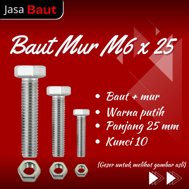 Jual Baut Mur M6 X 25 Kunci 10 | M6x25 | Baut Putih Galvanis | Shopee ...