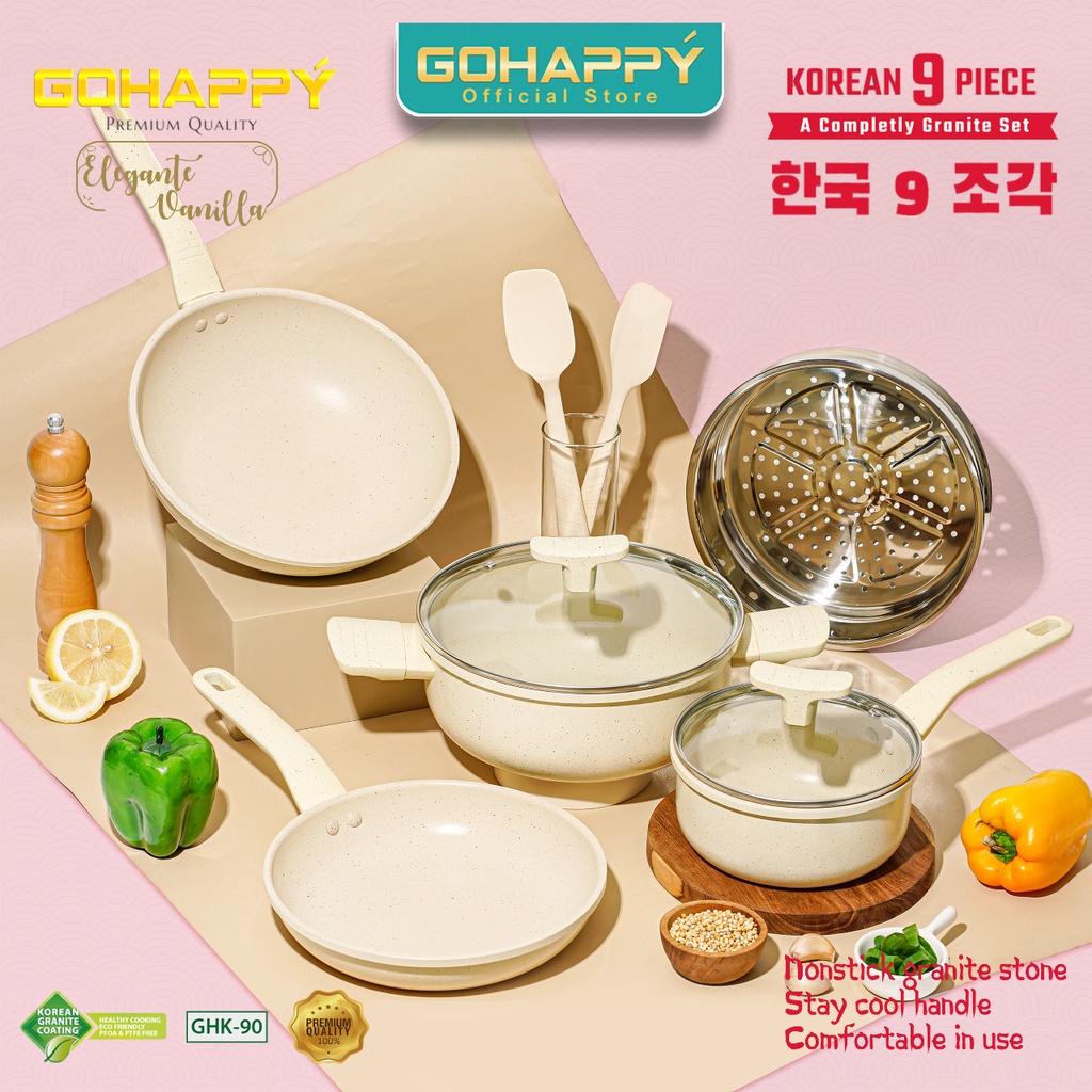 Jual Panci Set Korean 9 piece Gohappy Go happy Beautiful Pink Granite