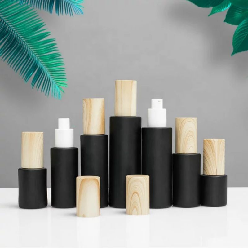 Jual Botol spray / pump lotion kaca datar hitam matte tutup model kayu ...