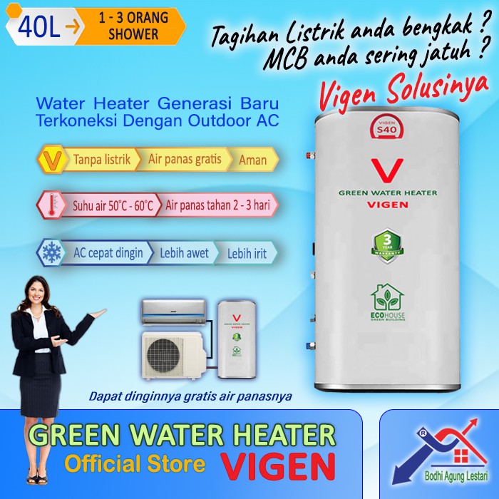 Jual Green Water Heater Vigen S40 Tanpa listrik Aircon Shopee