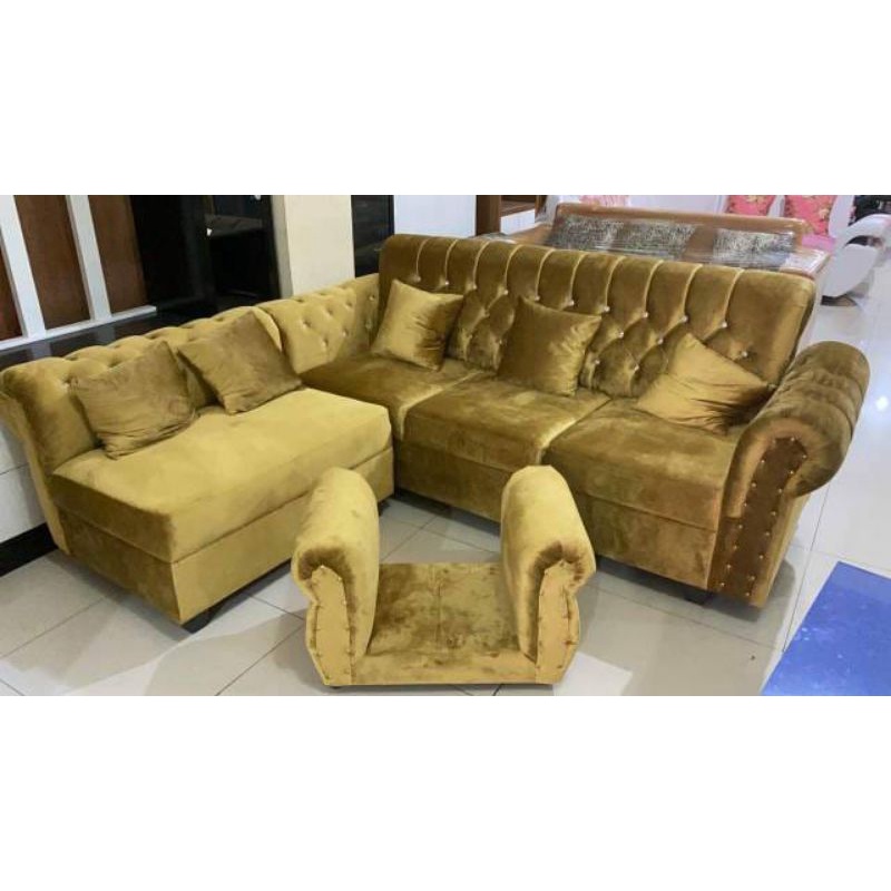 Jual Set Sofa Sudut Jaguar Gold Sofa L Jaguar Bludru Gold Meja Shopee Indonesia