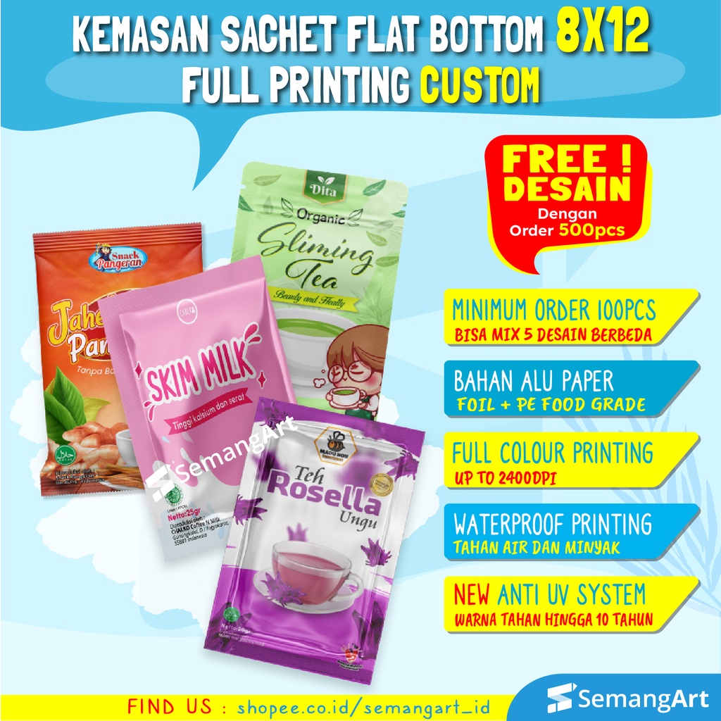 Jual Cetak Kemasan Sachet X Flat Bottom Plastik Klip Full Printing Bungkus Makanan Masker