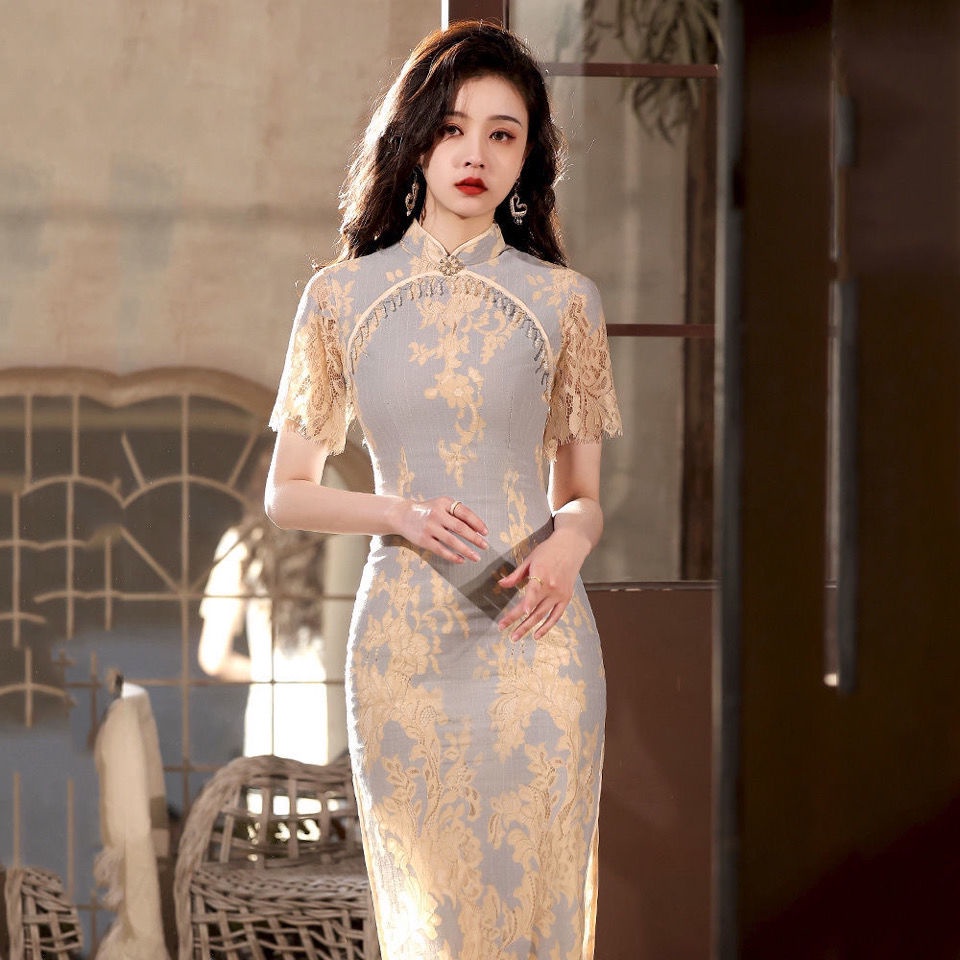 Jual Spring 2022 new lady cheongsam retro Republic style long lace ...
