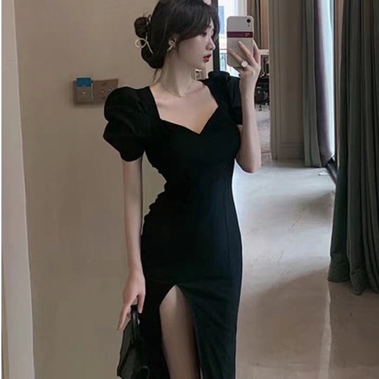 Jual baru dress panjang ceruk Prancis gaun celah seksi gaun hitam