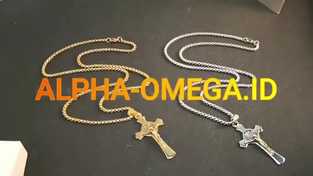 ALPHA OMEGA - Kalung Salib Pria Medali Santo Benediktus Titanium | Anti Karat 2