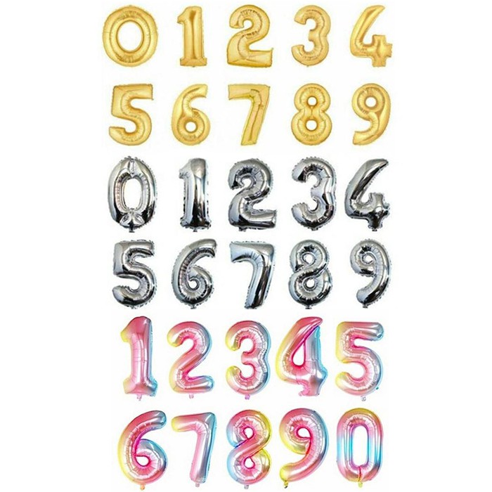 Balon Angka Foil Gold / Silver / Rainbow / Rose Gold / Black 80 cm