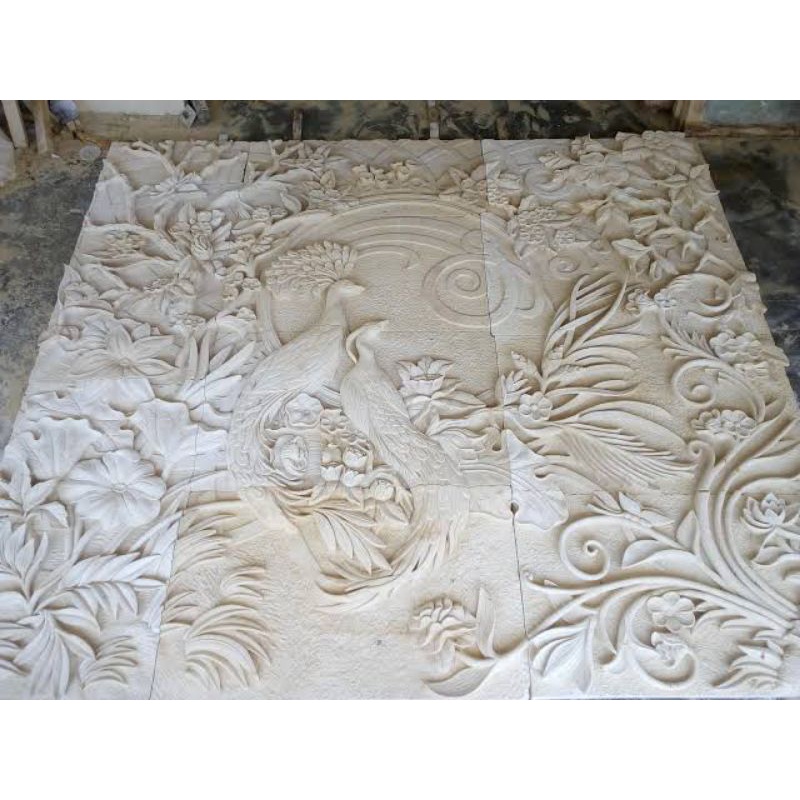 Jual Relief Hiasan Dinding Naga Dan Burung Merak Batu Ukiran Ornamen