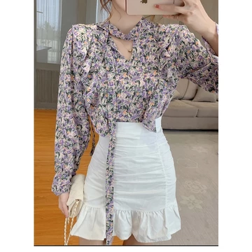 Fashion Korea Style Lengan Panjang Blus Wanita Musim Panas Casual Blouse Motif Bunga Bahan