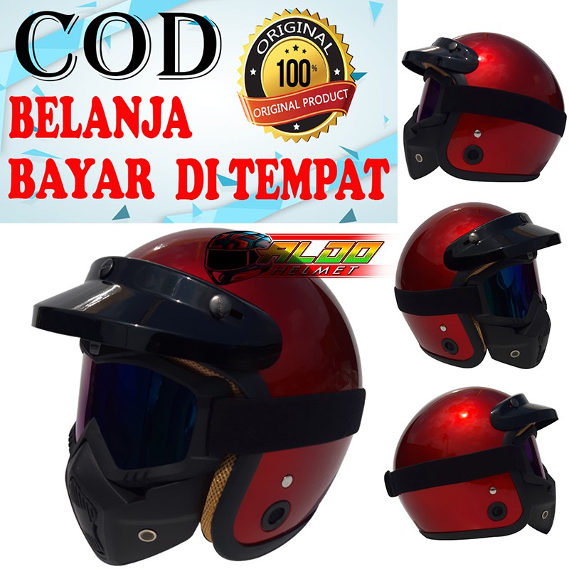 Jual BTR RETRO MAROON METALIC & GOGGLE MASK HELM HALF FACE CEWEK COWOK