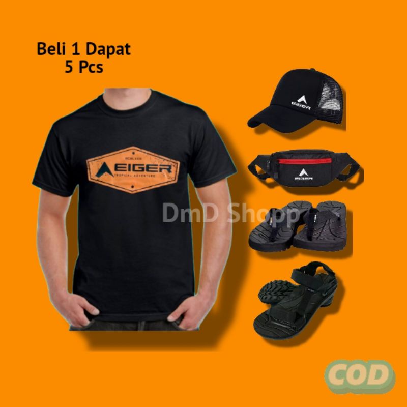 Jual Satu Paket 5 Pcs Kaos Pria Topi Jaring Pria Tas Selempang Pria Sandal Jepit Sandal Gunung