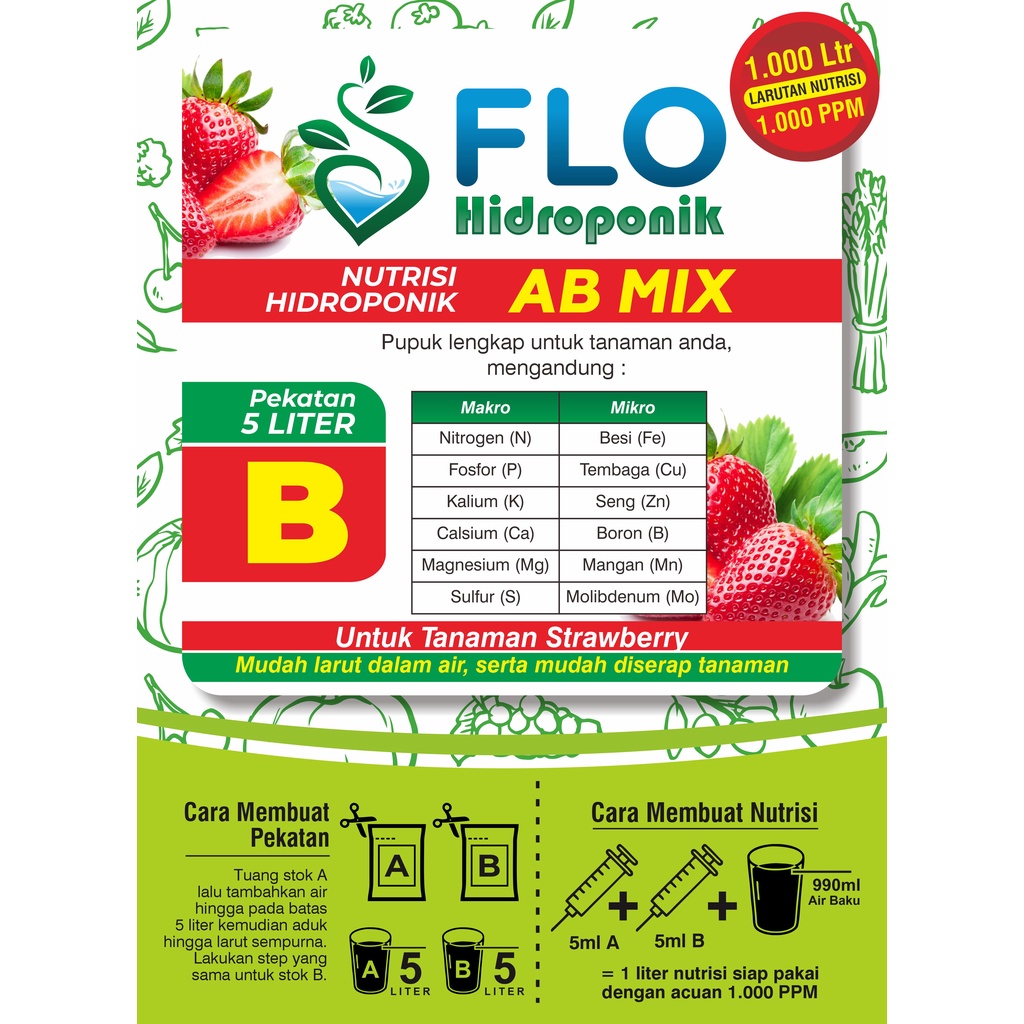 Jual AB Mix Strawberry 5 Liter Flo Hidroponik untuk 1000 Liter Nutrisi ...
