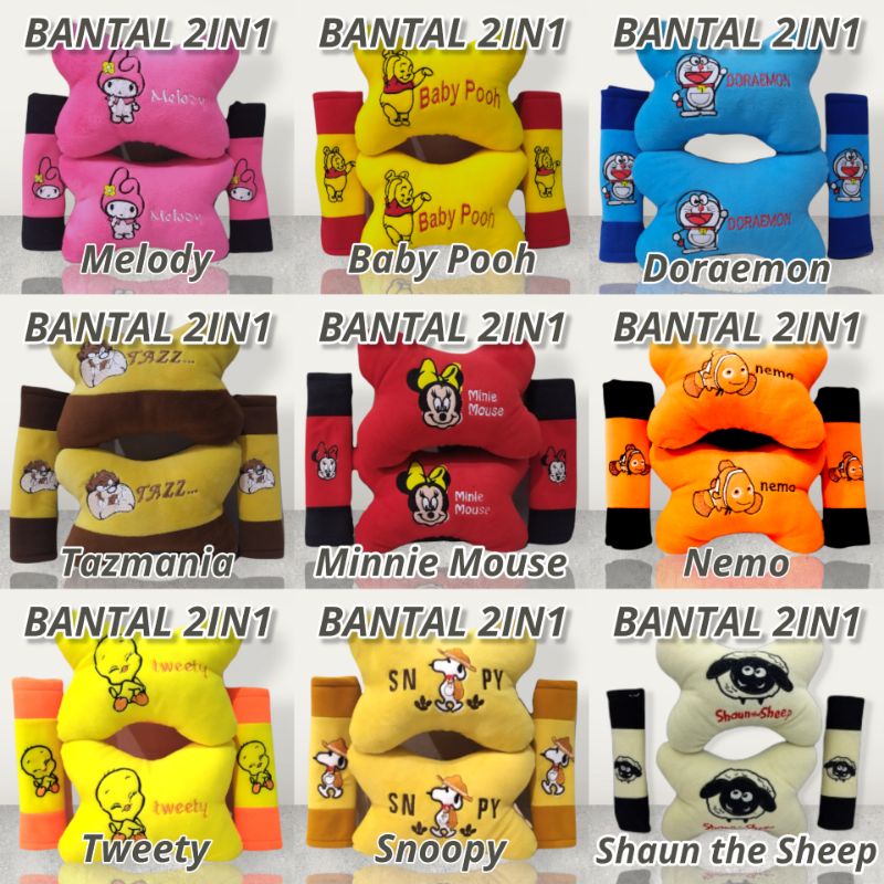 Bantal Mobil 2in1 Headrest Car Set Karakter Kartun Lucu