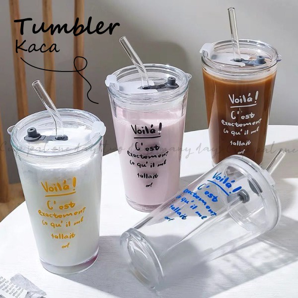 Jual Tumbler Aesthetic 450ml Gelas Kaca Minum Kopi Anti Panas Dengan Sedotan Kaca Simple Elegan 5774