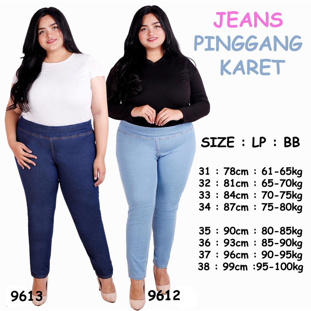 Jual CELANA JEANS WANITA JEGGING JUMBO UKURAN BESAR PINGGANG KARET BIRU