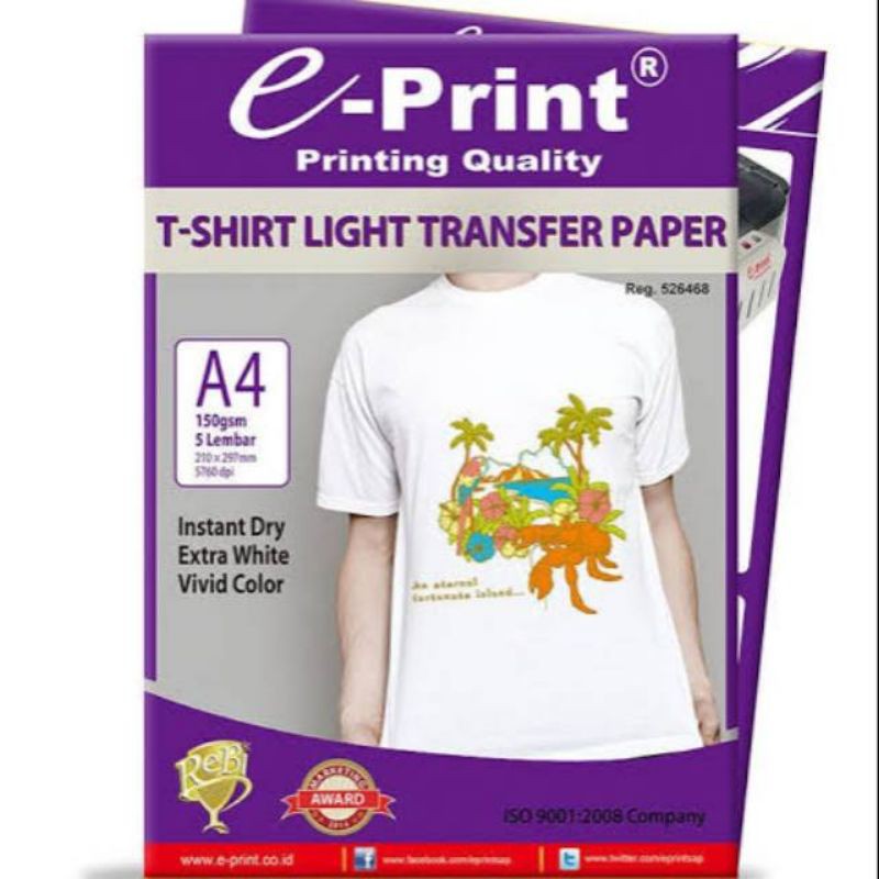 Jual e-Print T-shirt Light Transfer Paper A4 150gsm (5sheets) | Shopee ...