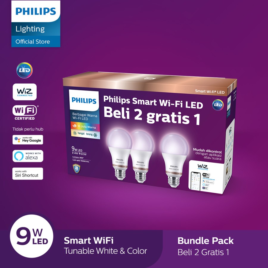 Jual Philips Lampu Smart WiFi LED Multipack 9W - Color & TW (Warna ...