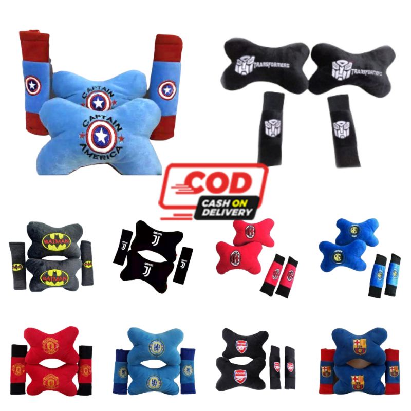 Set 2in1 Bantal Mobil Karakter Hero Team Sepakbola Headrest Car Set