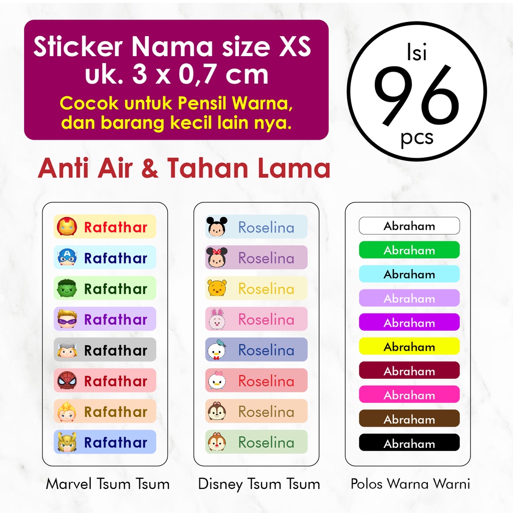 Jual Stiker Label Nama Anak Custom Ukuran Xs isi 96 pcs Label Nama Anak