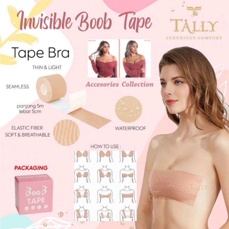 RobLuX Adhesive Bra Push-Up Large Breast Boob Tape Fashion Body Tape Chest 5cm x 5m with 4 Reusable Invisible Silicone Breasts Nipple Pads for Cup Sizes A-E