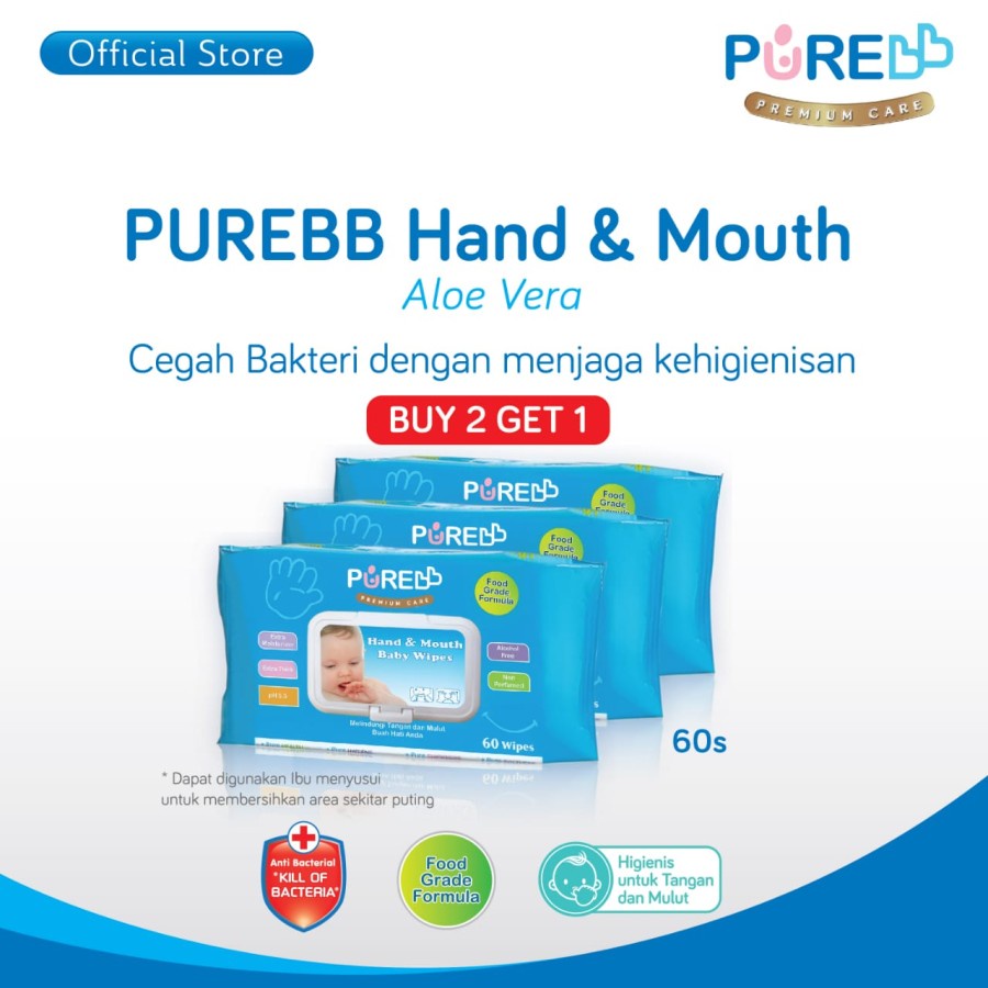 Jual Pure baby Tissue Hand & Mouth Baby Wipes 60s Aloe Vera (Buy 2 Get ...